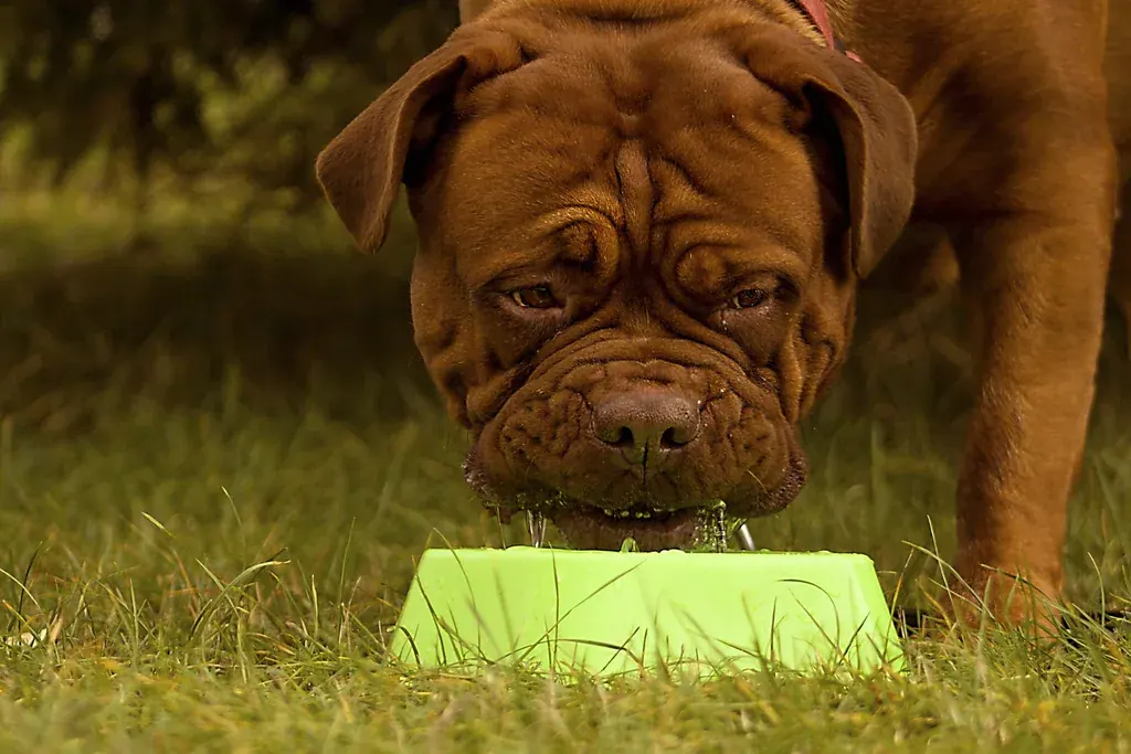 Cachorro grande de pelo marrom comendo num pote verde sobre a grama