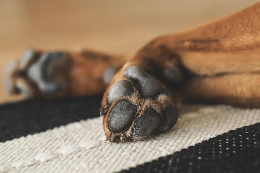 Close das almofadinhas da pata de um cachorro caramelo deitado