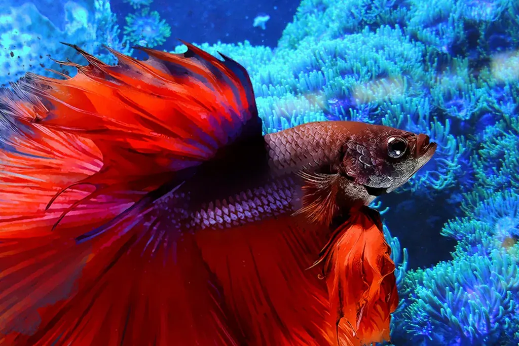 Peixe betta vermelho de nadadeiras longas num aquário com plantas